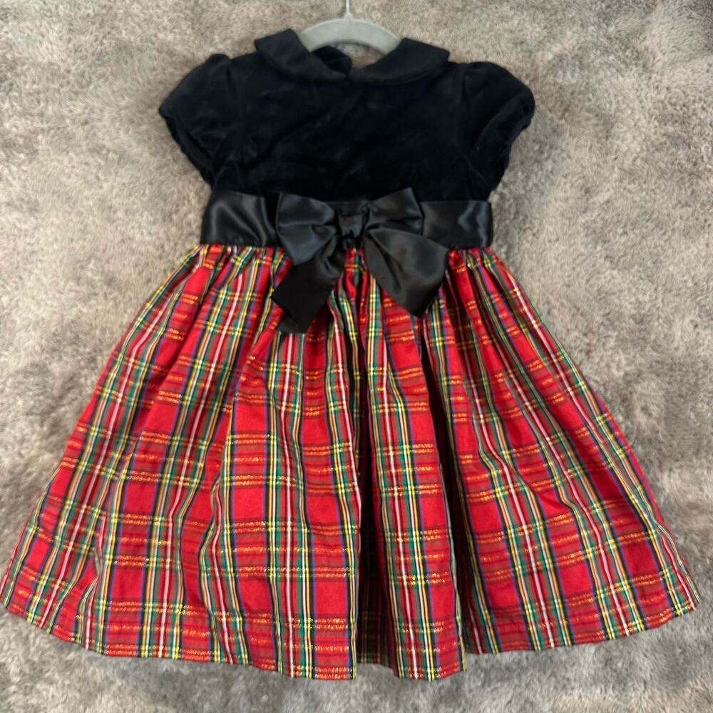 Little Me Tartan Plaid Velvet Dress Bows Red Girl 24 Months Holiday Christmas